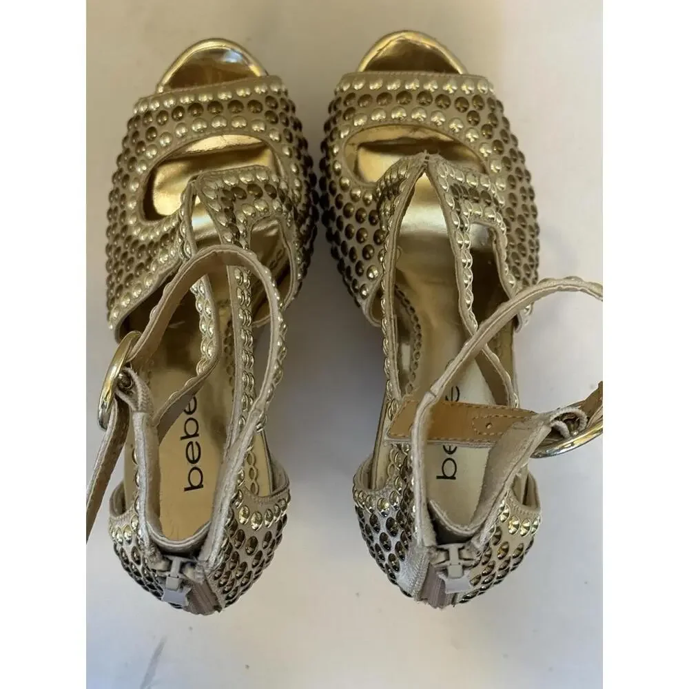 Bebe Studded Caitlyn Size 6 Gold Heel Sandal Wedges‎